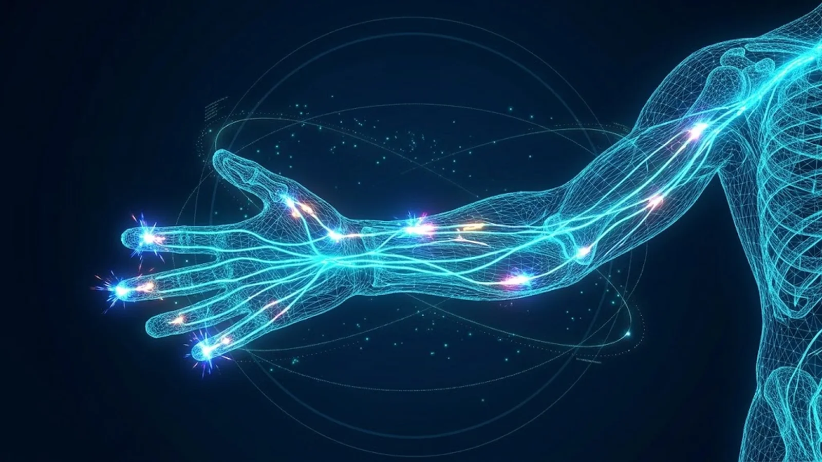 Hologram ręki ze świecącymi nerwami obwodowymi