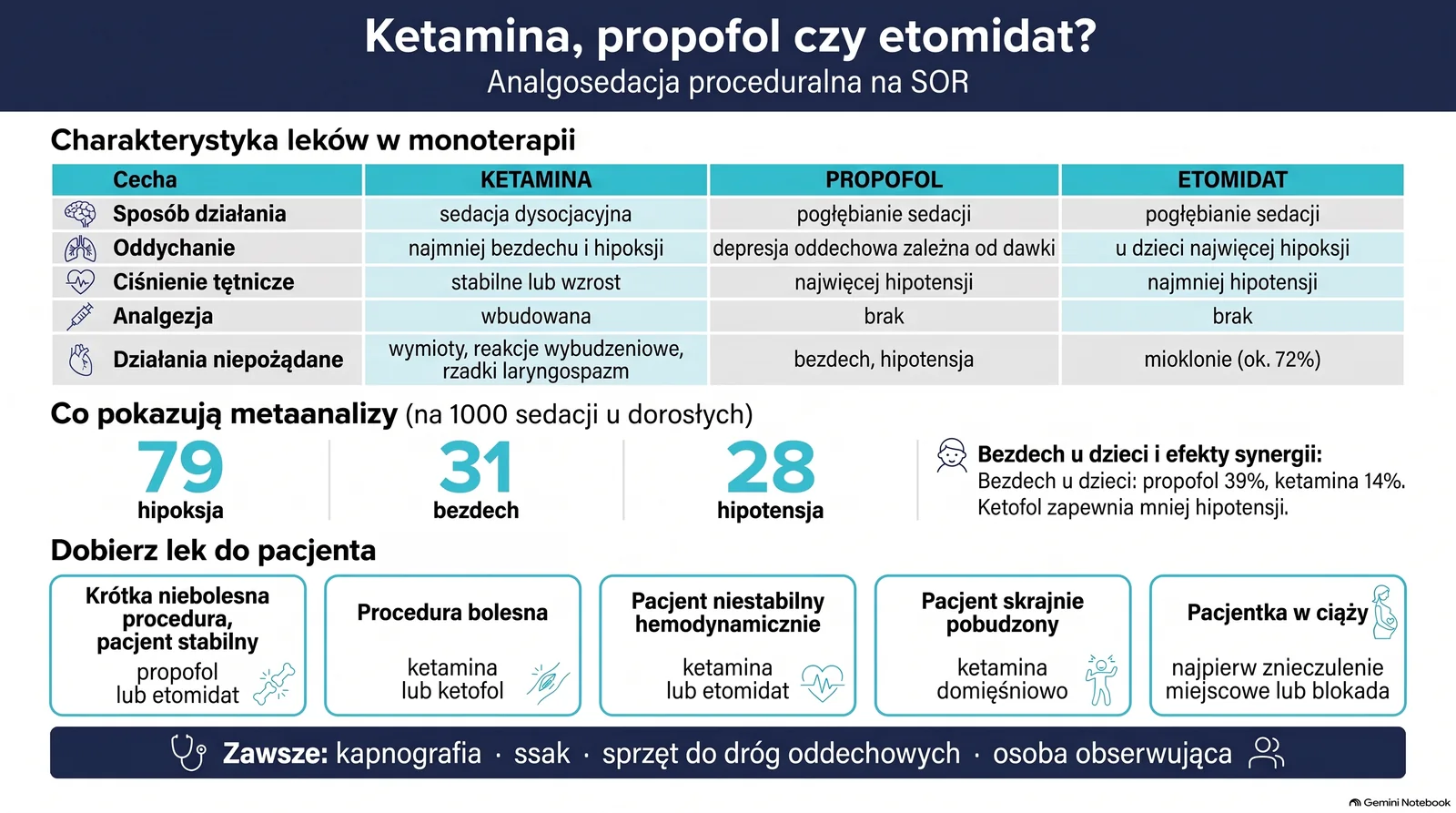 Tabela porównawcza ketaminy, propofolu i etomidatu w analgosedacji proceduralnej, częstość zdarzeń niepożądanych z metaanaliz oraz pięć sytuacji klinicznych z zalecanym lekiem