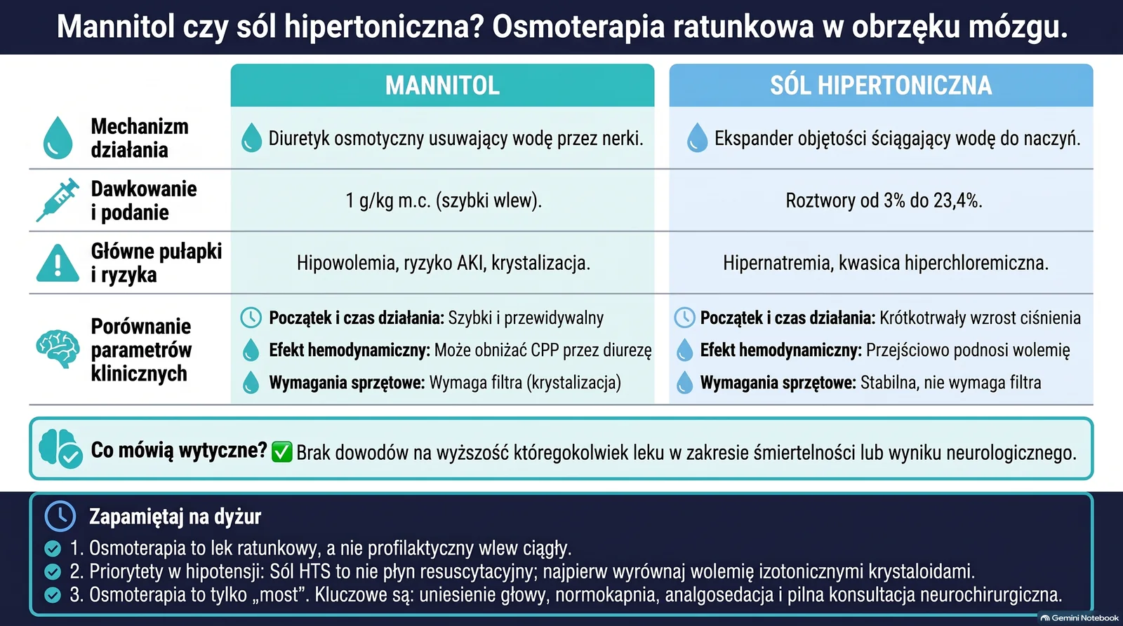 Tabela porównawcza mannitolu i soli hipertonicznej: mechanizm działania, dawkowanie, początek i czas działania, główne pułapki oraz wnioski z wytycznych